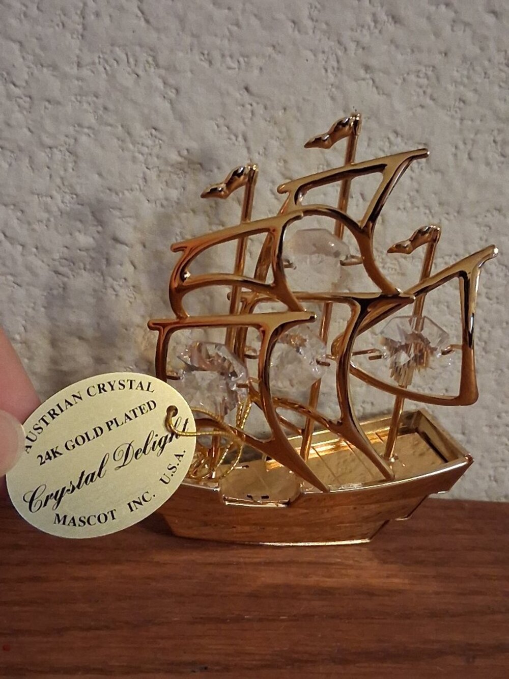 Vtg Crystal Delight Mascot Ship Boat Ornament Austrian Crystals 24K Gold Plated